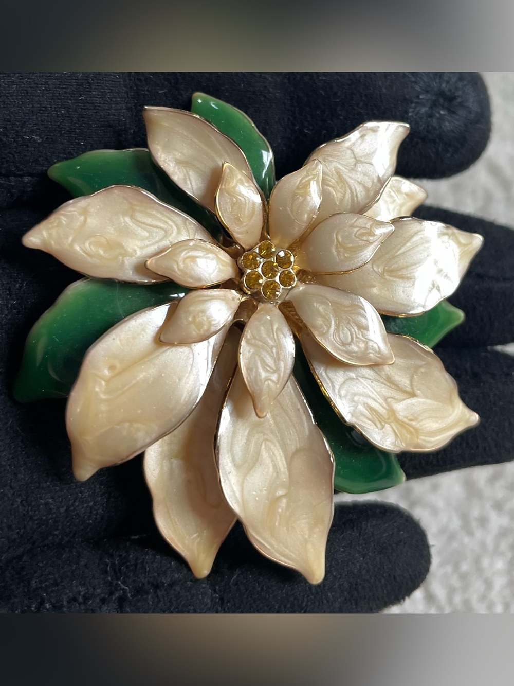 Pearl White and Green Floral Statement Brooch - Unbranded